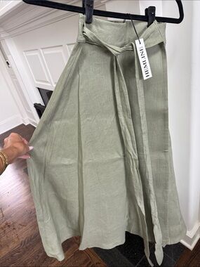 Olive Green A-Line Linen Midi Skirt with Self-Tie Waist